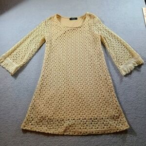 Zouk Women Lace‎ Mini Dress Yellow Small Fringe Bell Sleeve Boho Cottage core